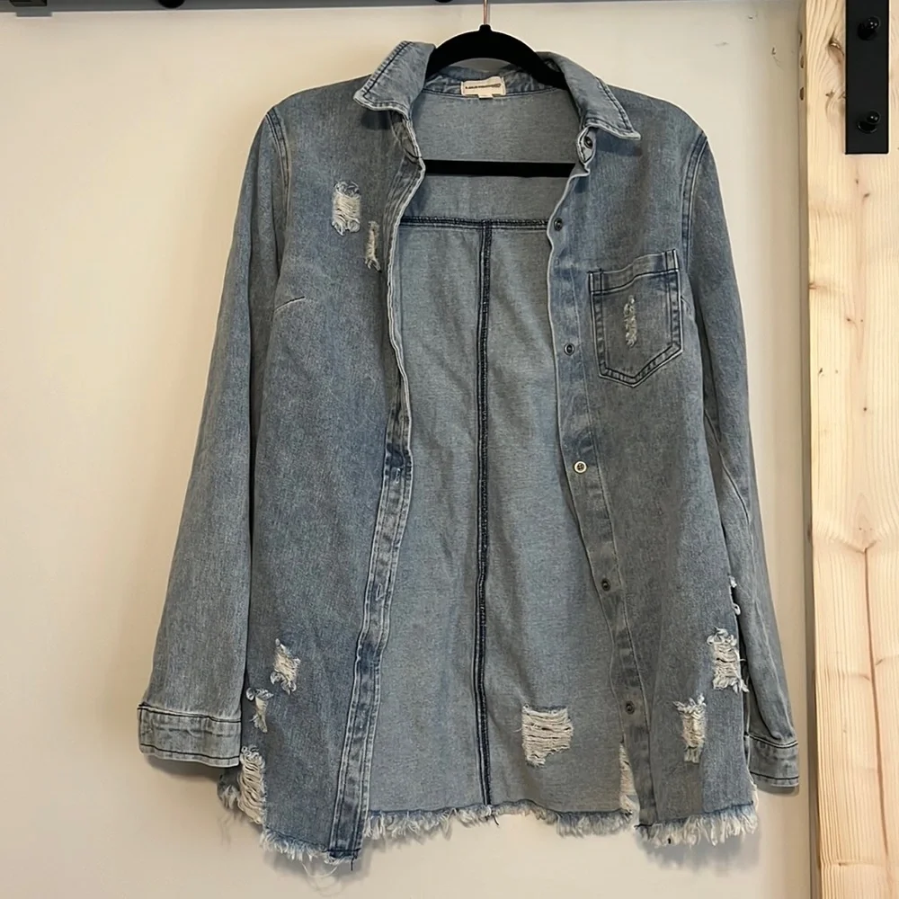 NWOT Distressed Denim Shirt - Picture 1 of 1